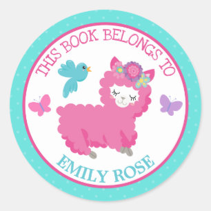 Pegatina Redonda Niña Este Libro Pertenece a Llama Rosa