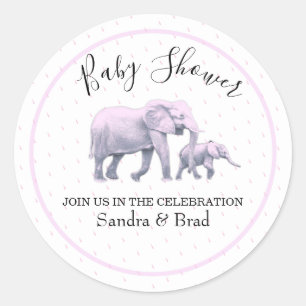 Pegatina Redonda Niña linda Elefante Rosa Baby Shower moderno