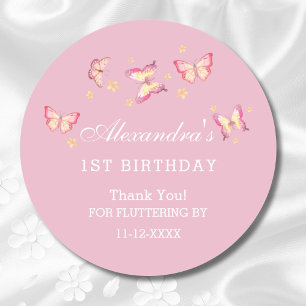 Pegatina Redonda Niña Mariposa Rosa Cumpleaños 1 año Agradecimiento