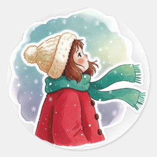 Pegatina Redonda niña mirando la nieve