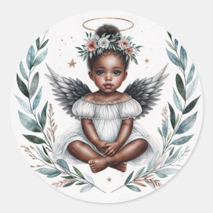 Pegatina Redonda Niña negra angelical con halo