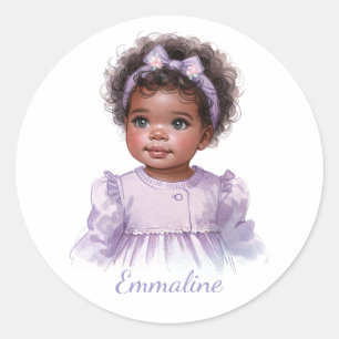 Pegatina Redonda Niña Negra en Retrato de Acuarela Púrpura