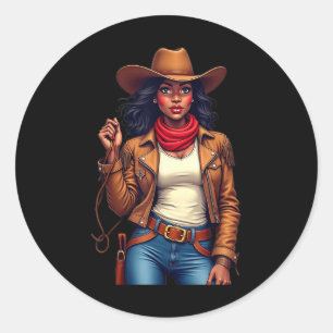 Pegatina Redonda Niña negra Texas Western Rodeo Melanin Black Hi