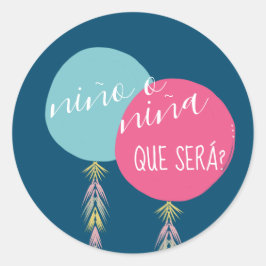 Pegatina Redonda Nina o Nino Revelación de género Borla  Globo  Azu