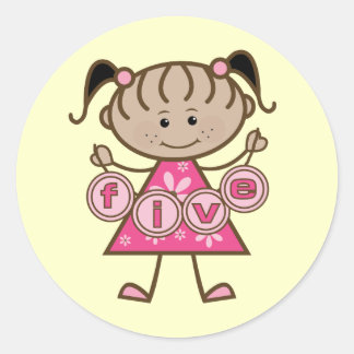 Pegatina Redonda Niña pequeña 5 camisetas de cumpleaños y regalos