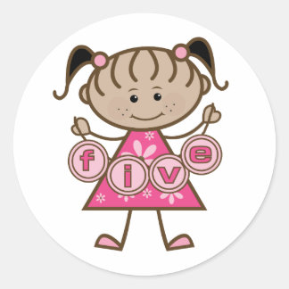 Pegatina Redonda Niña pequeña 5 camisetas de cumpleaños y regalos