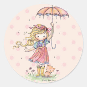 Pegatina Redonda Niña Pequeña Caprichosa y Gatito en la Lluvia