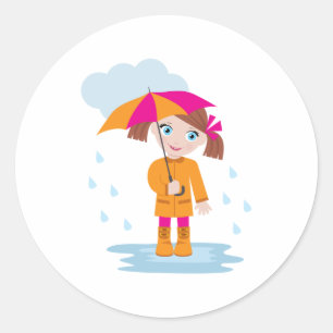 Pegatina Redonda Niña Pequeña en Impermeable Naranja con Paraguas R