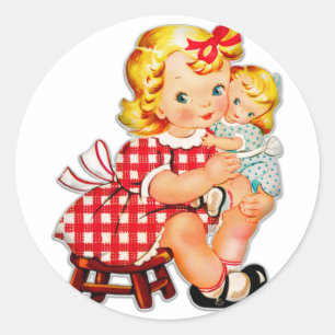 Pegatina Redonda Niña retro vintage muñeca niña