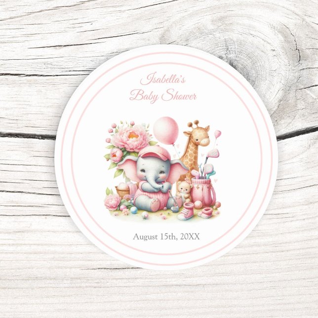 Pegatina Redonda Niña Rosa Elefante y Giraffe Golf Baby Shower (Add this sticker to your invitations, envelopes, favor bags! )