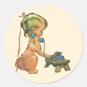 Pegatina Redonda Niña Rubia Linda Niño Antiguo Hablando en Teléfono