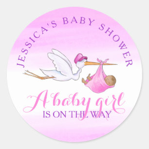 Pegatina Redonda Niña stork acuarela rosa baby shower personalizada