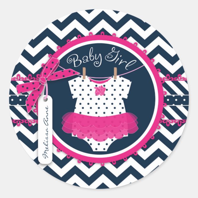 Pegatina Redonda Niña Tutu Chevron Imprimir Baby Shower (Anverso)