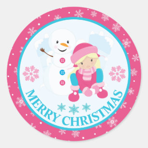 Pegatina Redonda Niña y muñeco de nieve de Navidad rosa y azul