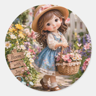 Pegatina Redonda Niña y su jardín de flores