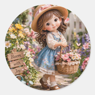 Pegatina Redonda Niña y su jardín de flores