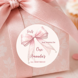 Pegatina Redonda Niñas con lazo rosa quieren ser una Cumpleaños 1