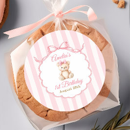 Pegatina Redonda Niñas de osito de peluche lazos rosados rayas 1er 