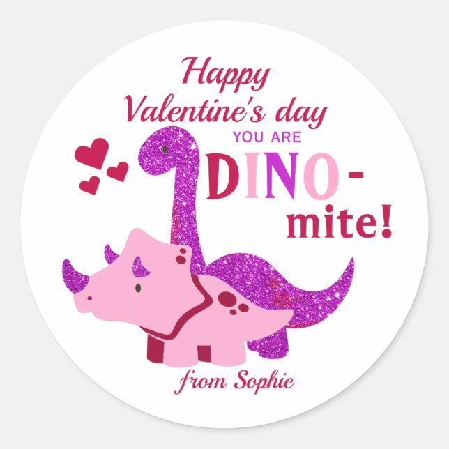 Pegatina Redonda Niñas Día de San Valentín Girly Dinosaur Dino-mite (Anverso)