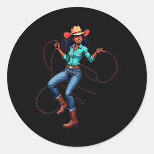 Pegatina Redonda Niñas negras Melanin Mujeres Rodeo Occidental Texa