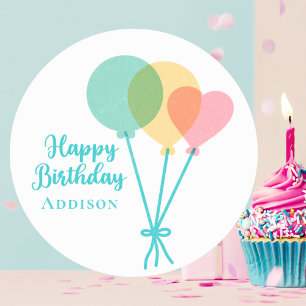 Pegatina Redonda Niñas Niños Lindos Globos de Arcoíris Feliz Cumple