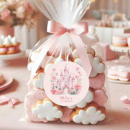 Pegatina Redonda Niñas pequeñas primera princesa de castillo rosado