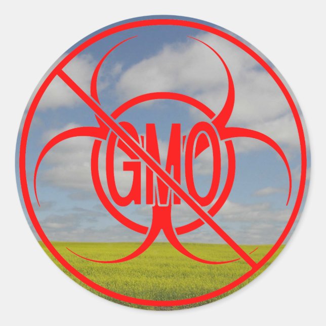 Pegatina Redonda Ningún Biohazard de los pegatinas de GMO que (Anverso)