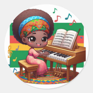 Pegatina Redonda niñita con piano colorido