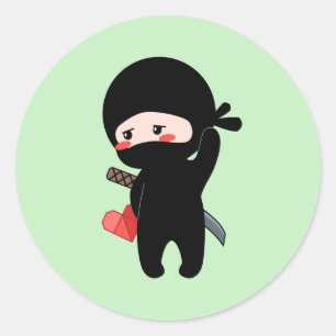 Pegatina Redonda Ninja tímido y sonrojado sosteniendo un corazón de