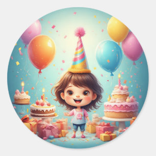 Pegatina Redonda Niño Alegre Celebrando Cumpleaños con Torta