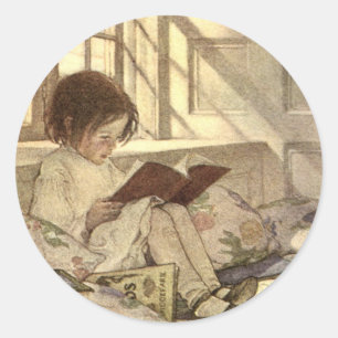 Pegatina Redonda Niño Antiguo Leyendo un Libro, Jessie Willcox Smit
