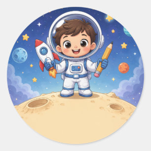 Pegatina Redonda Niño Astronauta Listo para Explorar Cuaderno Escol