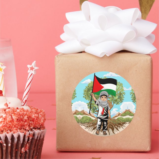 Pegatina Redonda Niño con bandera palestina de Keffiyeh y olivo (Fiesta)