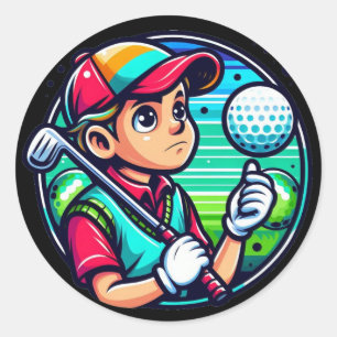 Pegatina Redonda niño con bola de golf en los dedos de los pies