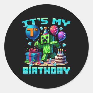 Pegatina Redonda Niño de cumpleaños es mi séptimo jugador de cumple