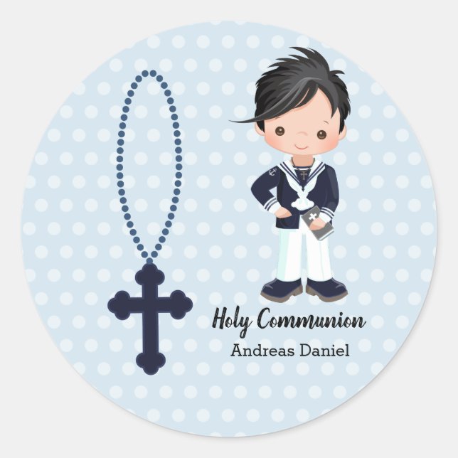Pegatina Redonda Niño de la Primera Comunión del marinero español (Anverso)
