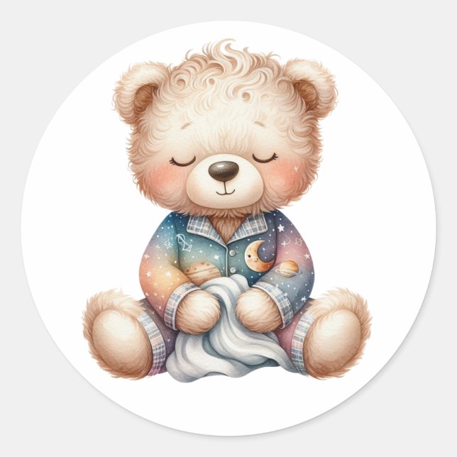 Pegatina Redonda niño de peluche adormilado con manta (Anverso)