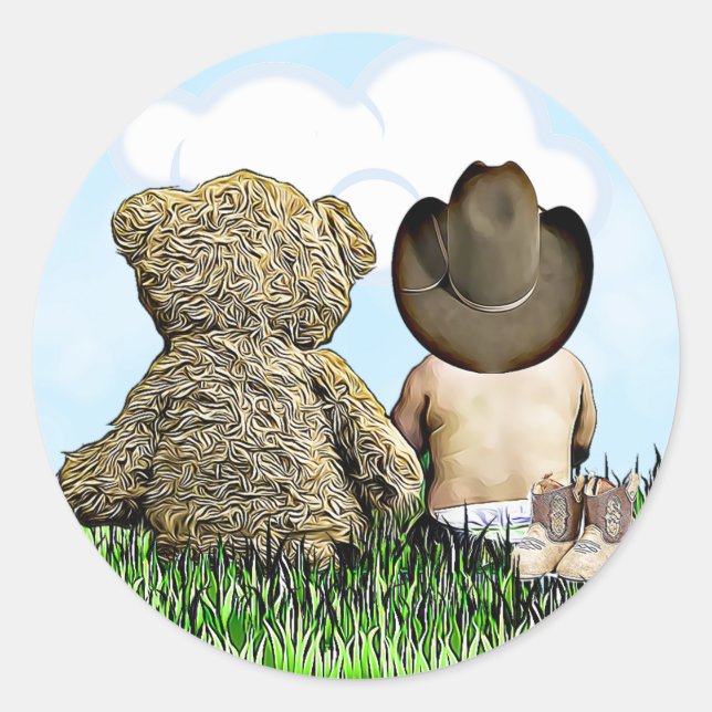 Pegatina Redonda Niño de vaca y niño de oso de peluche (Anverso)