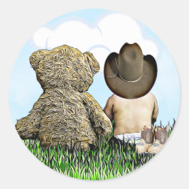 Pegatina Redonda Niño de vaca y niño de oso de peluche