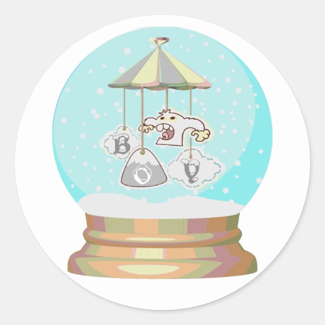 Pegatina Redonda Niño ducha de bebé invierno nieve cielo gris globo (Anverso)