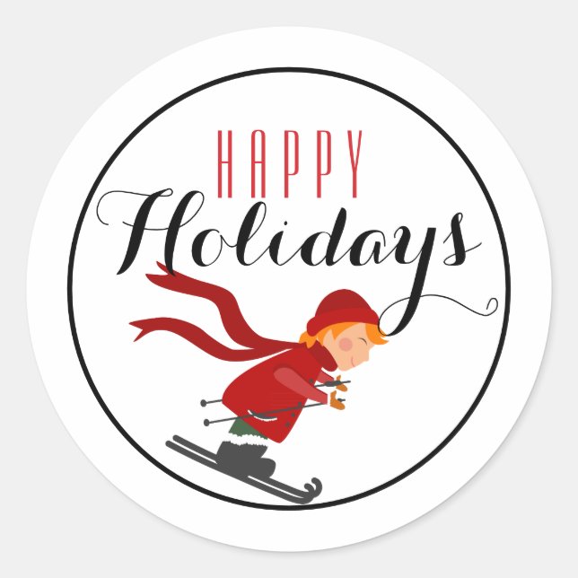 Pegatina Redonda Niño en Esquiador Rojo Feliz feriado / Blanco (Anverso)