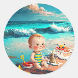 Pegatina Redonda Niño en la playa