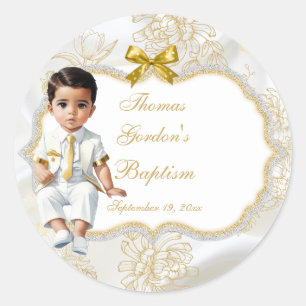 Pegatina Redonda Niño Étnico Bautizo Comunión Blanco y Dorado