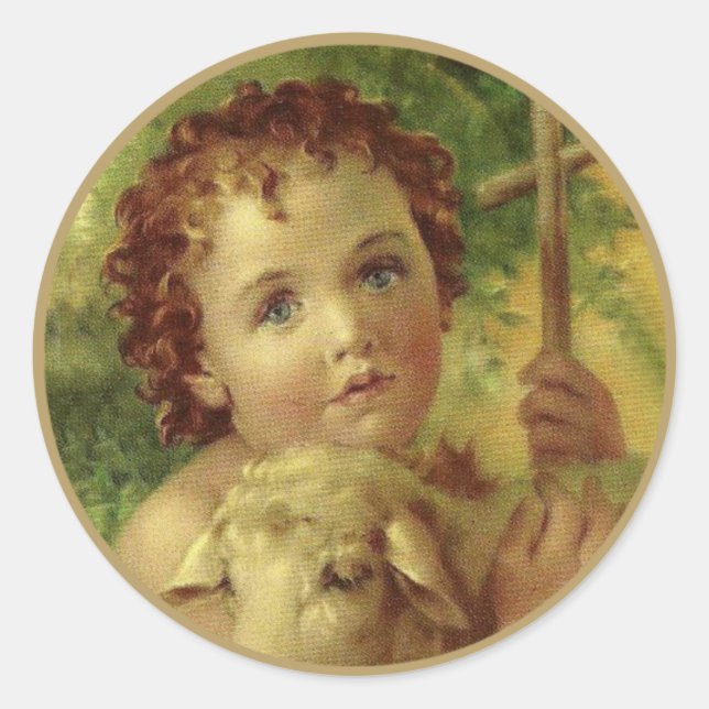 Pegatina Redonda Niño Jesús con cruz y cordero (Anverso)