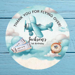 Pegatina Redonda Niño Lindo Azul Avión Viajes Cumpleaños Personaliz