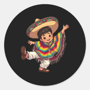 Pegatina Redonda Niño mexicano Poncho Cinco De Mayo Envuelto mexica