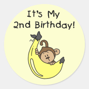 Pegatina Redonda Niño Mono en Banana Segundo Cumpleaños