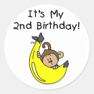 Pegatina Redonda Niño Mono en Banana Segundo Cumpleaños