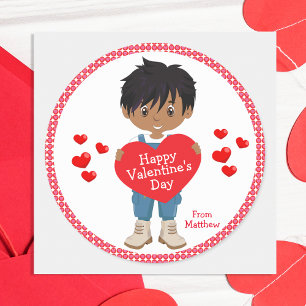 Pegatina Redonda Niño multicultural feliz Día de San Valentín