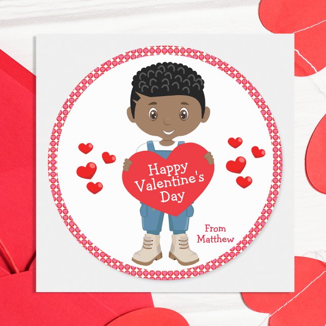 Pegatina Redonda Niño negro feliz Día de San Valentín (Subido por el creador)